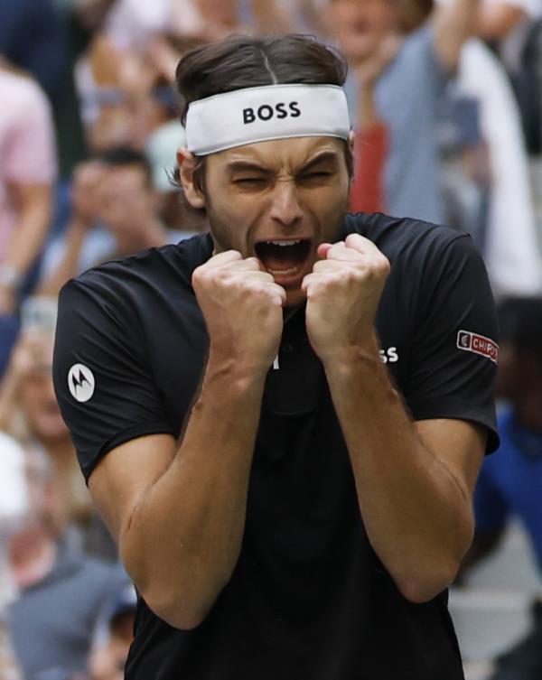 Taylor Fritz (USA) [12] reacts after defeating Alexander Zverev (GER) [4] at the end of their match on Arthur Ashe Stadium. 